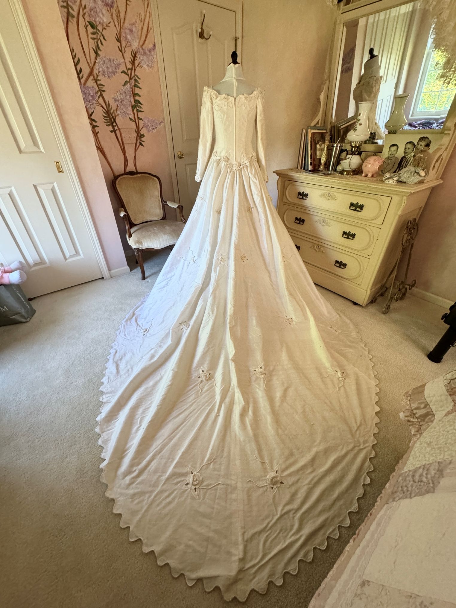 Photo of Bridal Wedding Gown White size 8 Peau De Soie French Fabric hand beading  $350